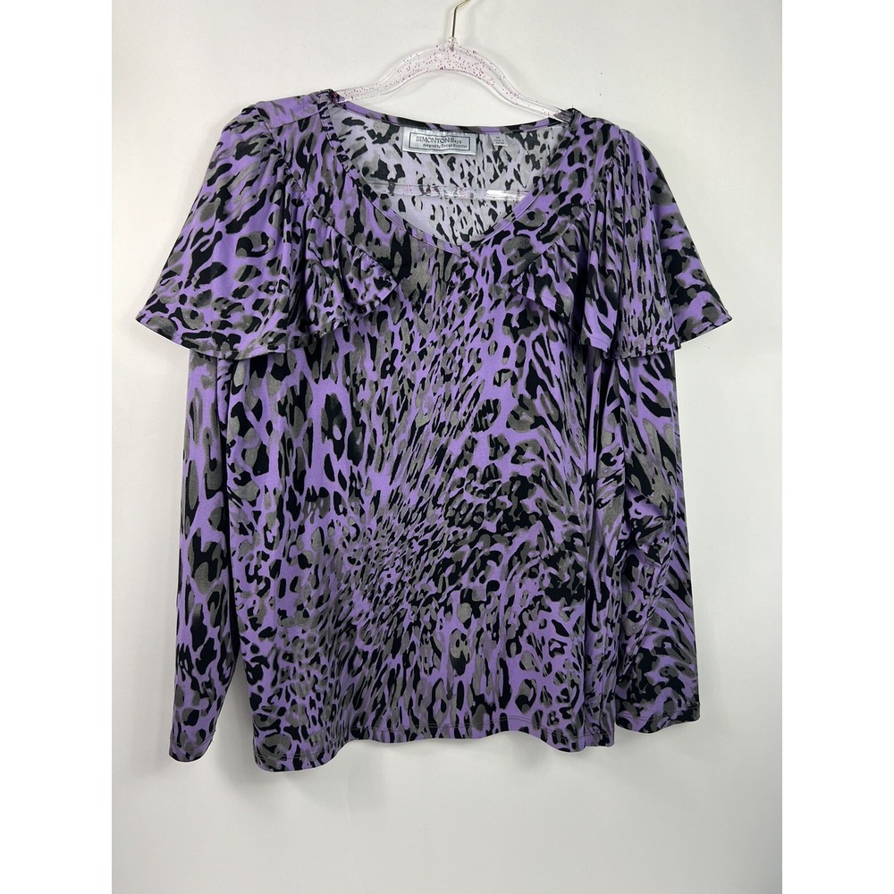 George Simonton Says Blouse Purple Animal Print Long Sleeves‎ Sz 1X Ruffles
